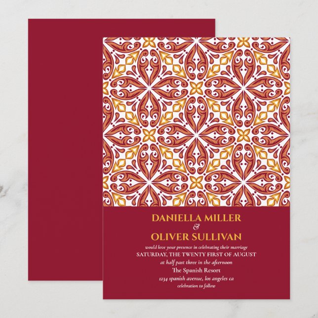 Convites Azulejo Vermelho Espanhol - Casamento mediterrânic (Frente/Verso)