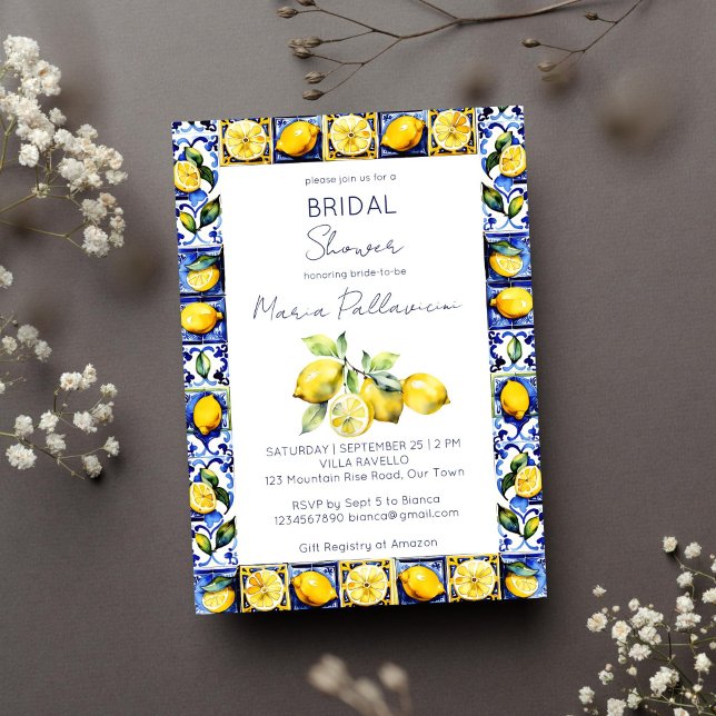 Convites Azulejos azuis Amalfi Positano chá de panela limõe (Amalfi Positano blue tiles lemons Mediterranean bridal shower template invitation digital download)