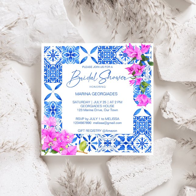 Convites Azulejos azuis Bougainvillea chá de panela elegant (Blue Tiles Bougainvillea Mediterranean Italian themed elegant bridal shower Invitation template)