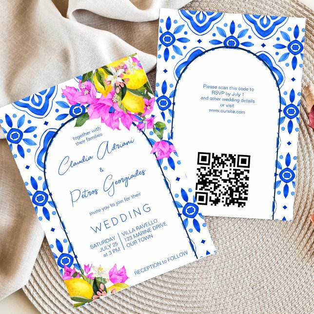Convites Azulejos azuis Bougainvillea limões elegantes casa (Blue tiles lemon bougainvillea Mykonos Santorini Greek Amalfi Mediterranean themed wedding invite )
