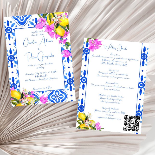 Convites Azulejos azuis Bougainvillea limões elegantes casa (Blue Tiles Bougainvillea lemons Mediterranean elegant wedding all in one Invitation template)