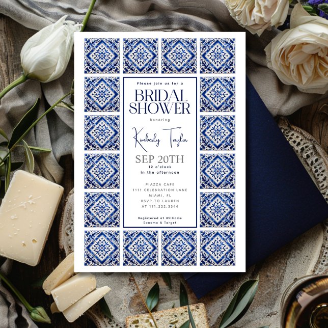 Convites Azulejos azuis Chá de panela mediterrânico italian (Blue Tiles Italian Mediterranean Bridal Shower Invitation)