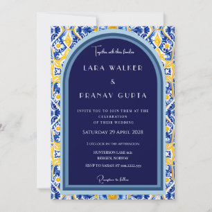 Convites Azulejos Azuis e Amarelos Ousados e Elegantes