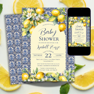 Convites Azulejos Azuis Italianos Aguarela Chuveiro de Bebê