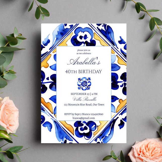 Convites Azulejos azuis italianos Amalfi (Amalfi Vietri Italian blue tiles birthday party editable template Invitation digital download )