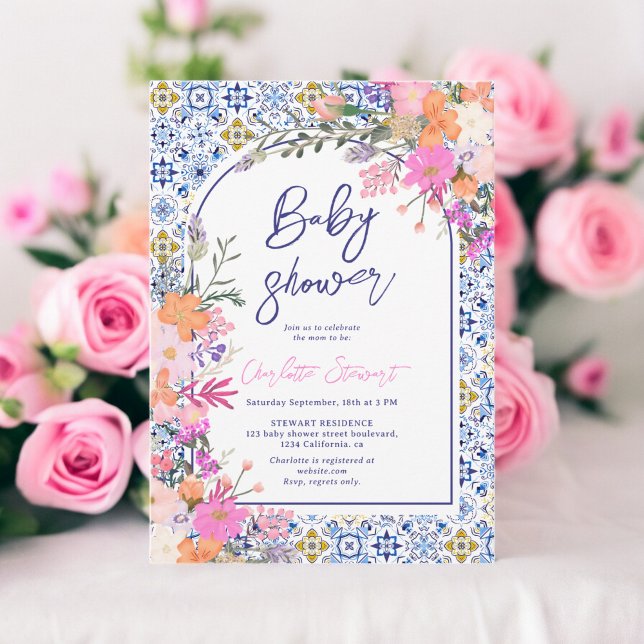 Convites Azulejos azuis italianos chá de fraldas aquoso (Italian blue tiles watercolor floral baby shower invitation)