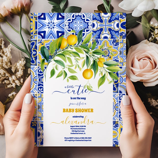 Convites Azulejos azuis italianos chá de fraldas de limão (Criador carregado)