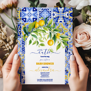 Convites Azulejos azuis italianos chá de fraldas de limão