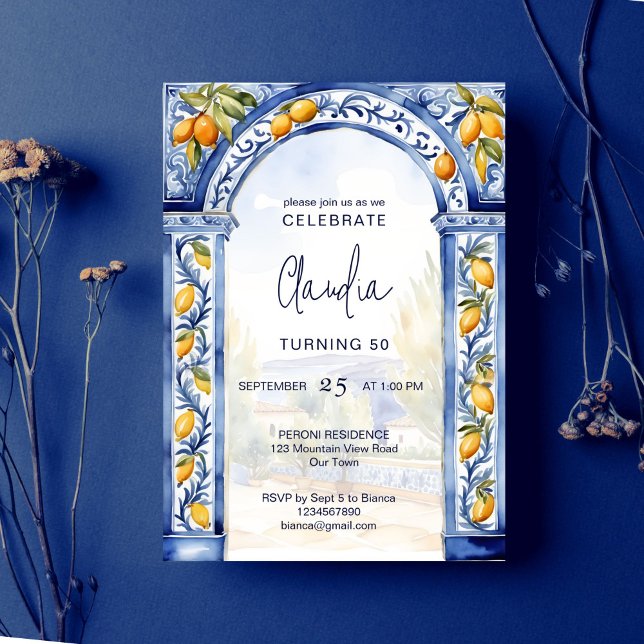 Convites Azulejos azuis italianos, festa de aniversário de  (Italian Blue tiles arch lemons birthday party editable template Invitation digital download)