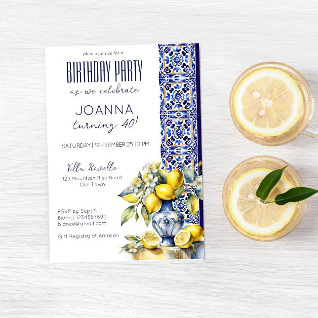 Convites Azulejos azuis italianos limões festa de aniversár (Italian themed blue tiles and lemons birthday party editable template invitation instant download)