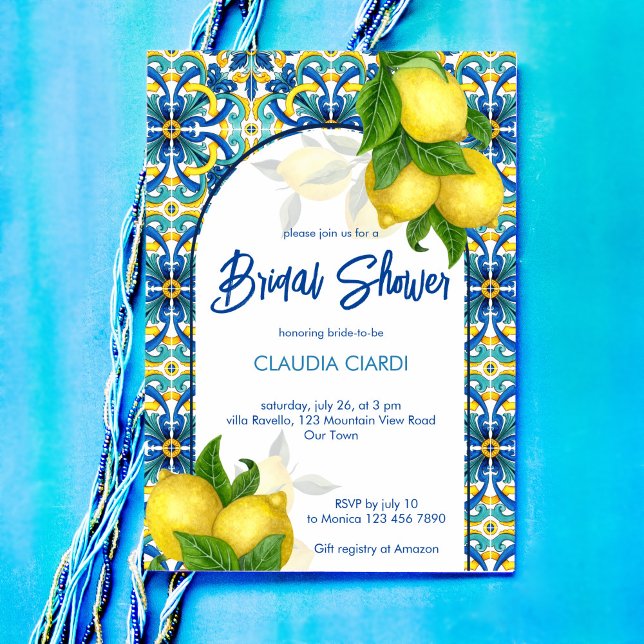 Convites Azulejos azuis limão Amalfi Positano chá de panela (Blue tiles lemon Amalfi Positano bridal shower Invitation editable template digital download)