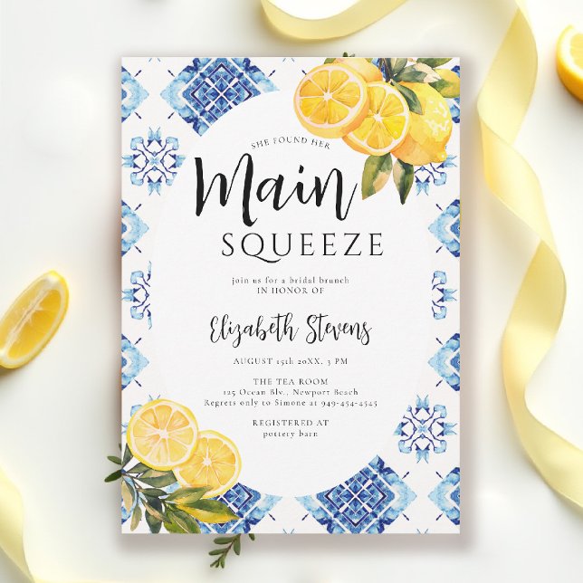 Convites Azulejos Azuis limão-preto Chá de panela brilhante (main squeeze bridal shower lemon theme mediterranean italian summer blue tile invitation)