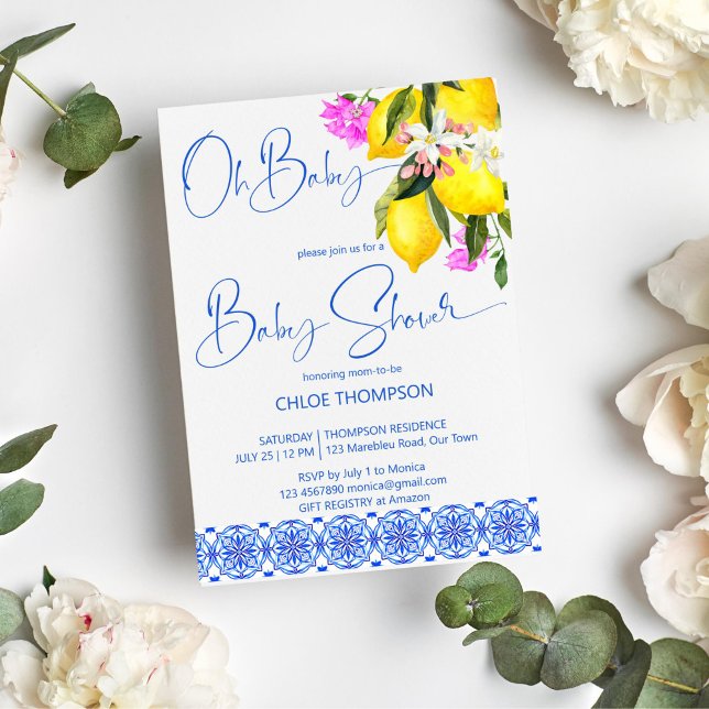 Convites Azulejos azuis limões bougainvillea oh chá de fral (Blue tiles lemon bougainvillea oh baby baby shower Mediterranean themed summer baby shower invite)