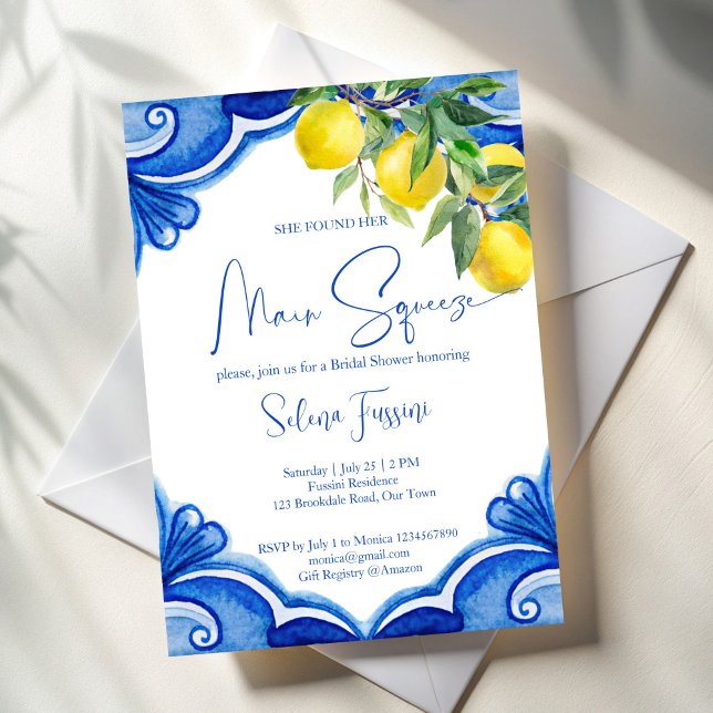 Convites Azulejos azuis limões chá de panela de aperto prin (Blue tiles lemons she found her main squeeze bridal shower invitation template instant download)