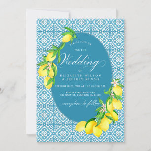Convites Azulejos Azuis Sicilianos Casamento de Lemon Boho