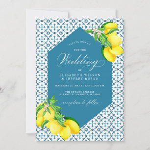 Convites Azulejos Azuis Sicilianos Casamento de Lemon Boho