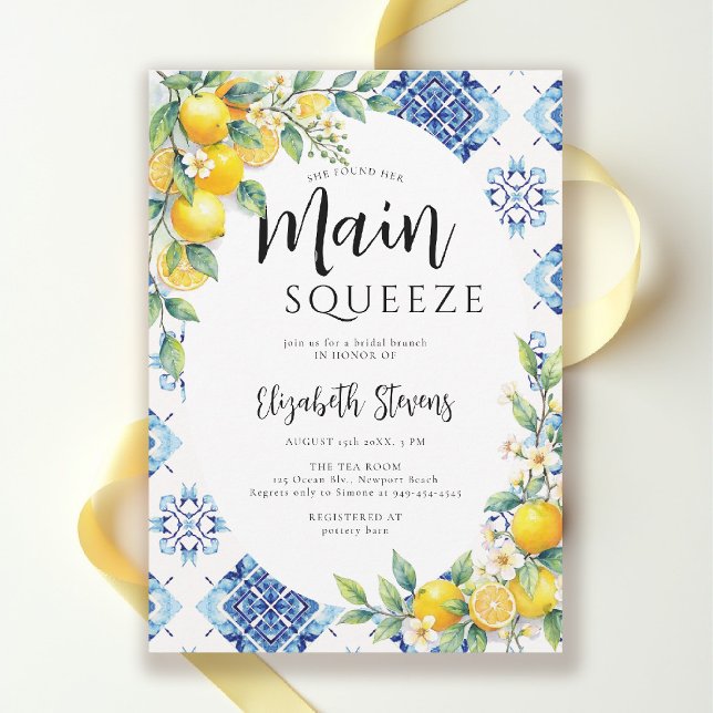 Convites Azulejos Azul Limão Main Squeeze Chá de Bebê de Ve (main squeeze bridal shower theme mediterranean italian summer blue tile lemon invitation)