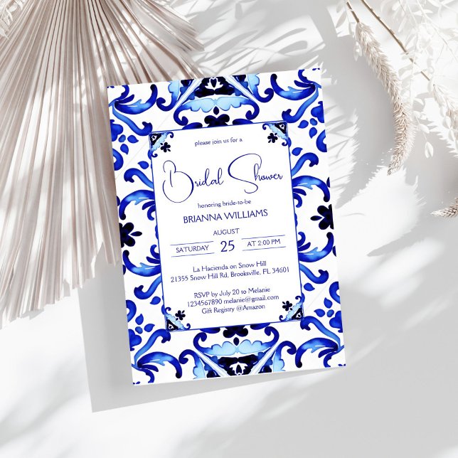 Convites Azulejos azulejo Talavera chá de panela mexicana (Talavera azulejo blue tiles Mediterranean vintage Mexican bridal shower Invitation template download)