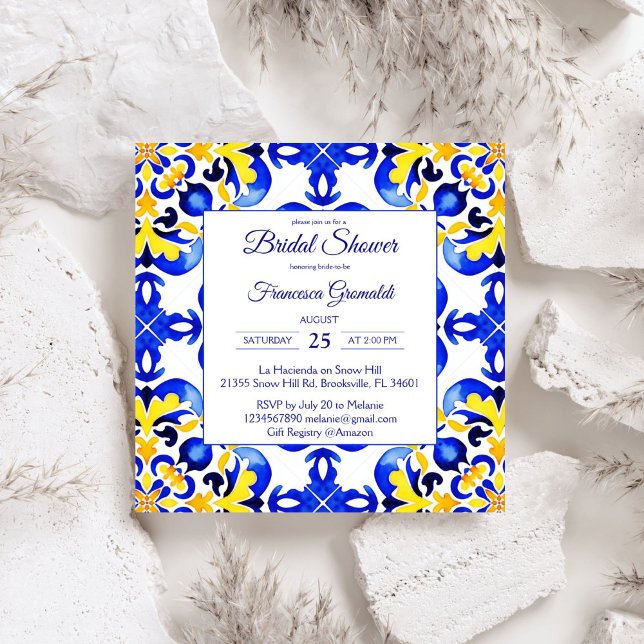 Convites Azulejos azulejo Talavera chá de panela mexicana (Talavera azulejo blue yellow tiles vintage Mexican bridal shower Invitation editable template)