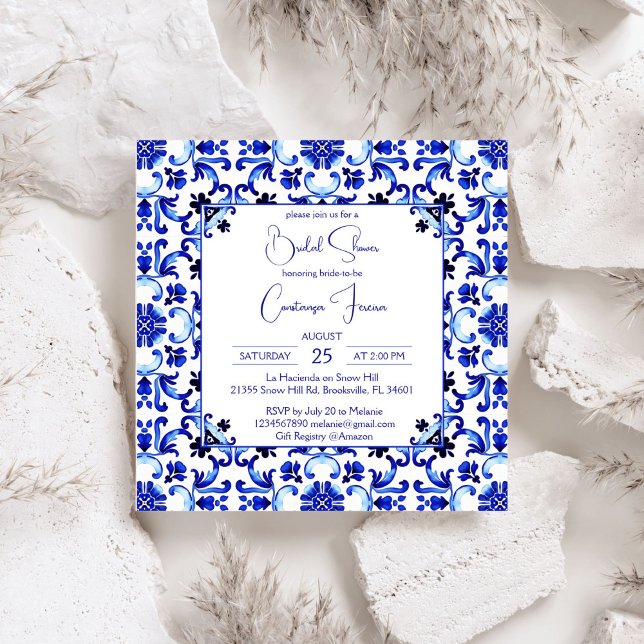 Convites Azulejos azulejo Talavera chá de panela mexicana (Talavera azulejo blue tiles Mediterranian Italian vintage  Mexican bridal shower Invitation template)