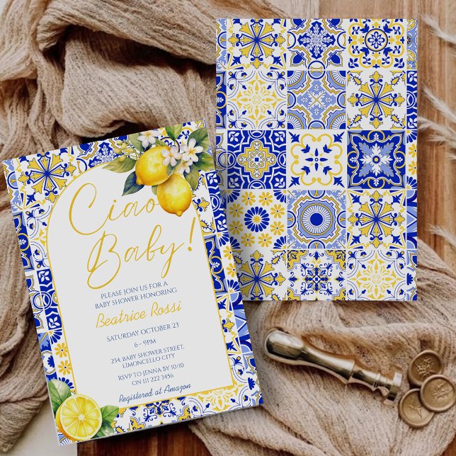 Convites Azulejos Bebê Azul Limão Amalfi Arquitetura de Chá (Ciao Baby Blue Tiles Lemon Amalfi Arch Baby Shower Invitation)