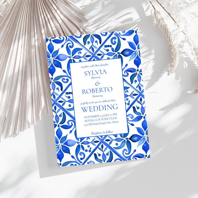 Convites Azulejos Blue Talavera vintage casamento mexicano (Blue Talavera Azulejo tiles vintage Mexican Spanish wedding Invitation template instant download)