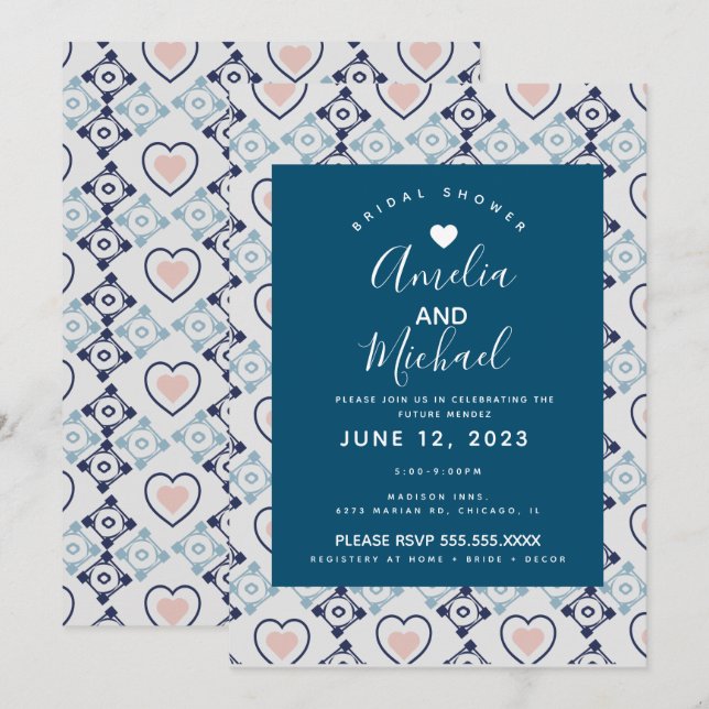 Convites Azulejos de Amor Romântico Nupcial Mediterrâneo Mo (Frente/Verso)