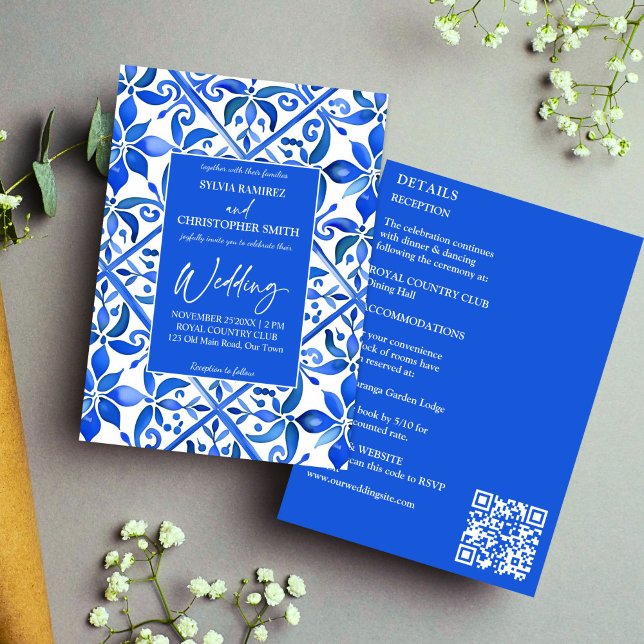 Convites Azulejos Espanhóis de Talavera Azul, todos em um c (Blue Azulejo Talavera vintage Spanish tiles all in one wedding Invitation template instant download)