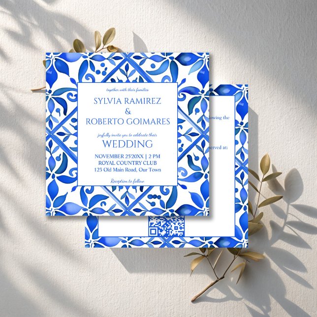 Convites Azulejos Espanhóis de Talavera Azul, todos em um c (Blue Talavera Spanish tiles vintage Mexican wedding Invitations with RSVP template instant download)
