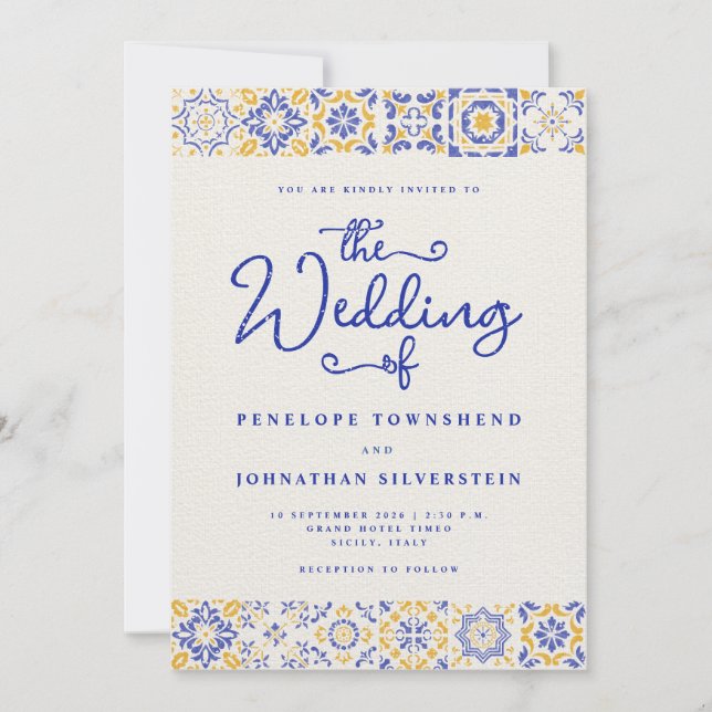 Convites Azulejos Italianos de Casamento Azul Branco (Frente)