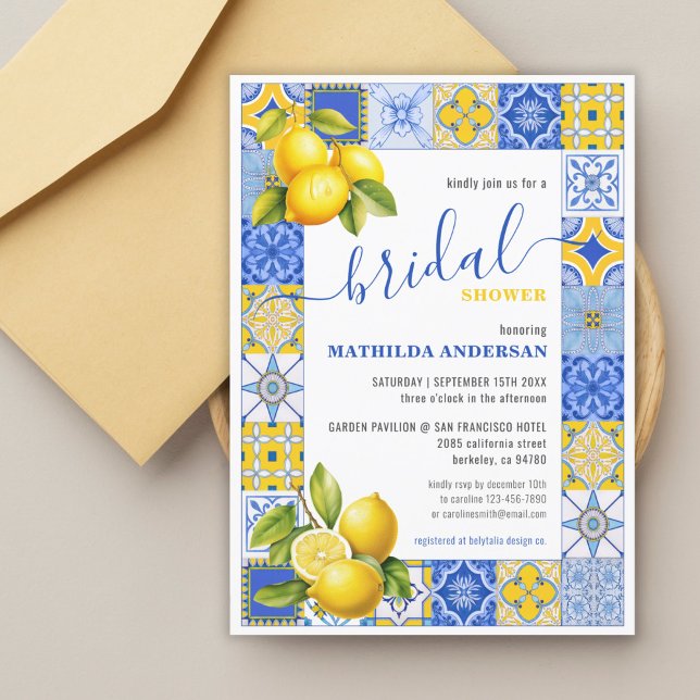 Convites Azulejos italianos Lemon Chá de panela de Verão (Budget Italian Tiles Lemon Summer Bridal Shower Invitation)