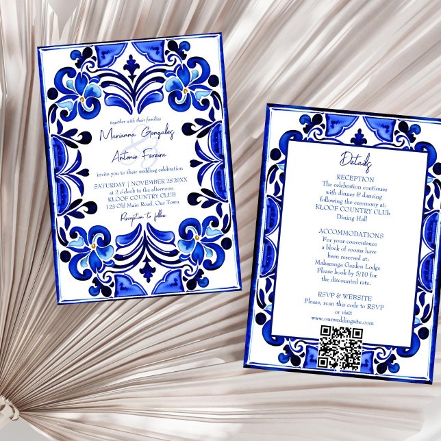 Convites Azulejos mediterrânicos azuis todos em um casament (Blue Mediterranean French tiles all in one wedding Invitation template digital download qr RSVP)