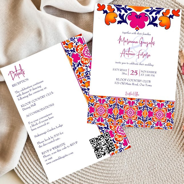 Convites Azulejos mexicanos azuis cor-de-rosa, todos em um  (Pink orange blue Mexican tiles all in one wedding Invitation editable template digital download )