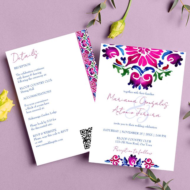Convites Azulejos mexicanos azuis cor-de-rosa, todos em um  (Pink blue Mexican Talavera tiles wedding all in one editable template invitation watercolor tiles)