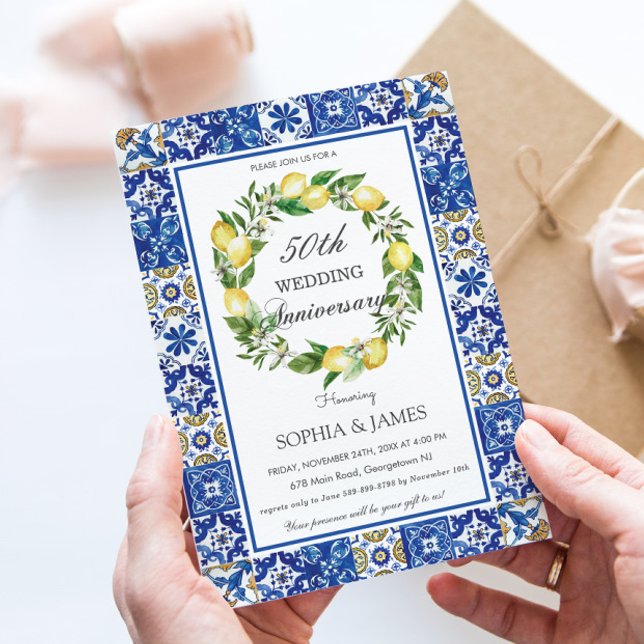 Convites Azulejos Mosaicos Chic Lemons 50º aniversário de c (Criador carregado)