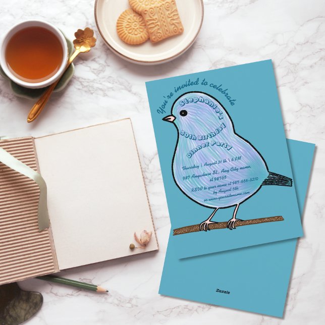 Convites Azure 50th Birthday Cute Bird Dinner Party  (Criador carregado)