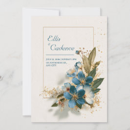 Convites Azure Azure Blue Floral e Dourado Casamento