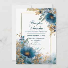 Convites Azure Blooms Elegante e Casamento de Quadro Dourad
