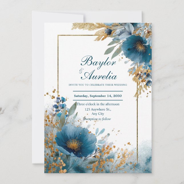 Convites Azure Blooms Elegante e Casamento de Quadro Dourad (Frente)