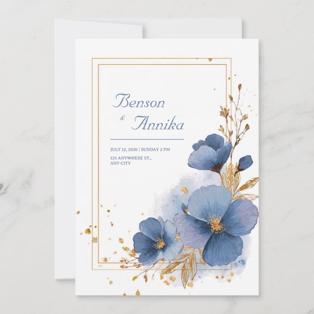 Convites Azure Blue Blooms e Dourado Casamento Folha (Frente)