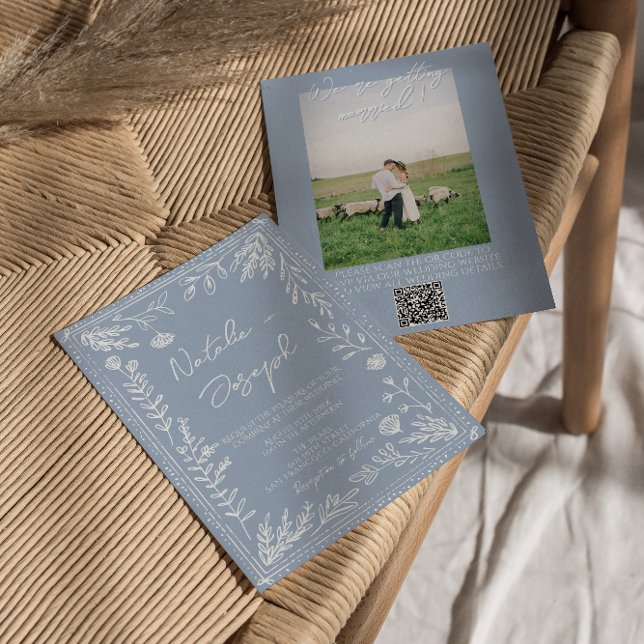 Convites Azure Blue Floral Botanical QR Code Photo Wedding (Criador carregado)