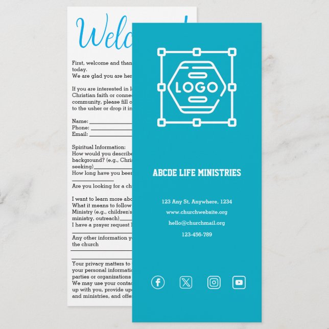 Convites Azure Church Welcome Card (Frente/Verso)