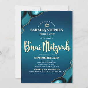 Convites B’nai Mitzvah Turquesa Ombre Ágata Dourado Script