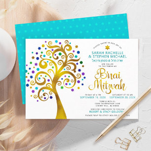 Convites B’nai Mitzvah Turquoise Dourada Árvore da Vida 2 D