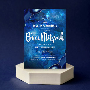 Convites B’nei Mitzvah Moderno Ágata Azul Script Aquarela