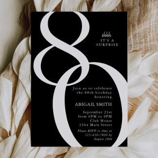 Convites B & W Shh It's a Surprise 80th Birthday Party