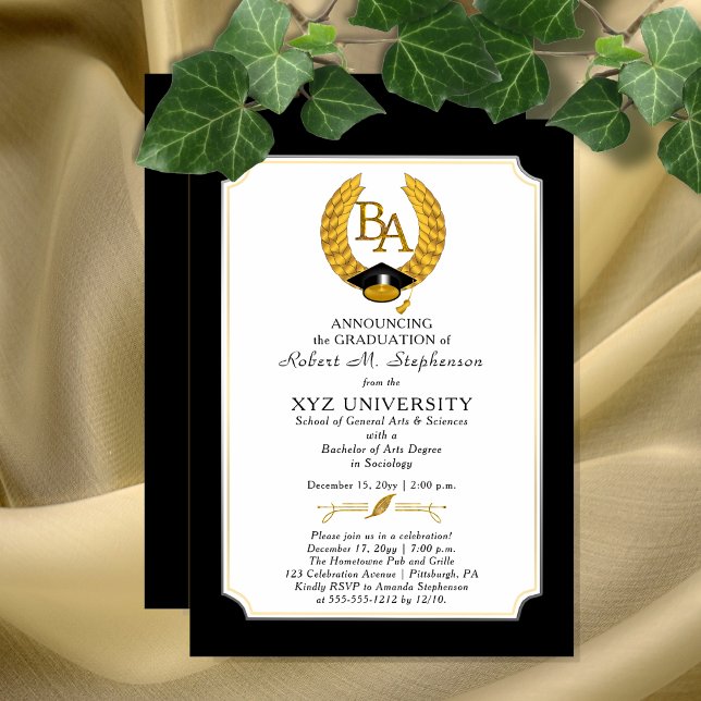 Convites BA - Diploma de Bacharelado em Artes - Graduação U (Elegant "BA" Bachelor of Arts Degree College University Graduation Invitation Print and/or Download)