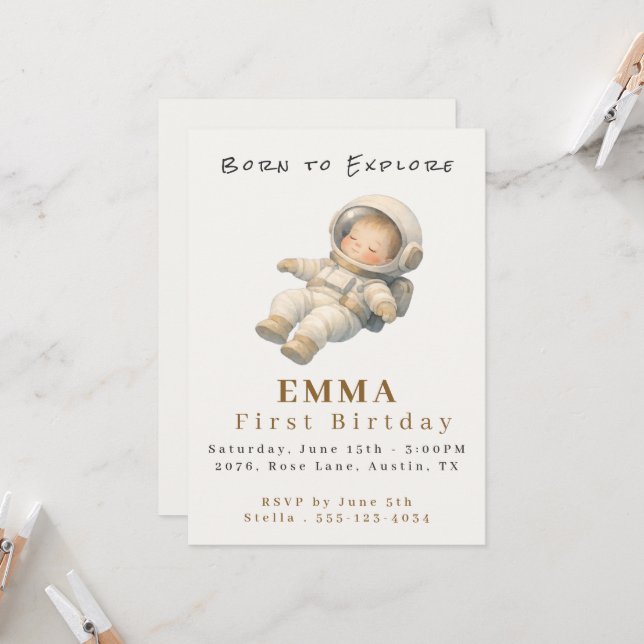 Convites Baby Astronaut First Birthday Flat Invitation Card (Frente/Verso In Situ)