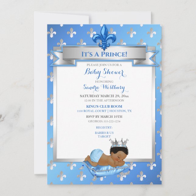 Convites Baby Azul e Prata Fleur Afro-Americano Príncipe (Frente)