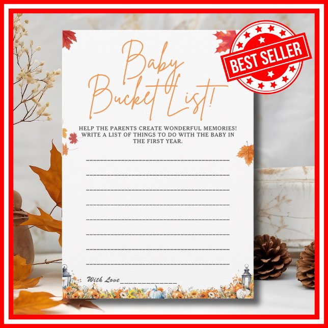 Convites BABY BALDE LIST Chá de fraldas Game Cute Bear (BABY BUCKET LIST Easy Baby Shower Game A Little Pumpkin is on the Way Fall Autumn Theme )